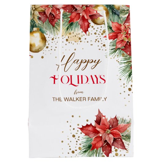Elegante Aquarellgold Rote Poinsettia Weihnachten Mittlere Geschenktüte (Rückseite)
