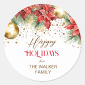 Elegante Aquarellgold Rote Poinsettia Weihnachten Runder Aufkleber (Vorderseite)