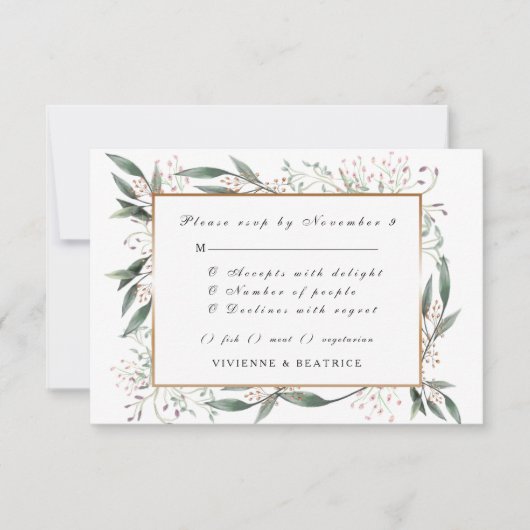Elegante Aquarellgoldblütenhochzeit RSVP Einladung (Vorderseite)