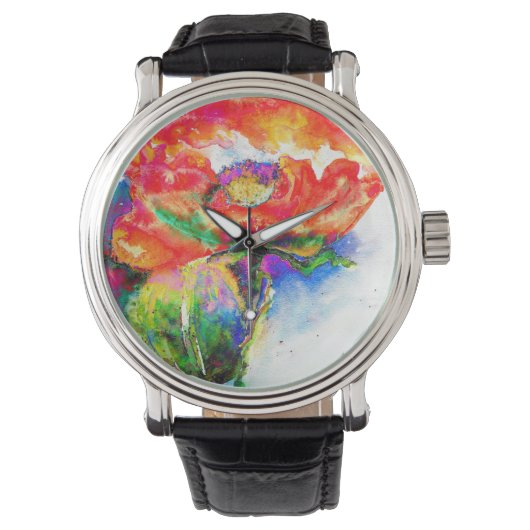 Elegante Aquarellmalerei mit rotem Blumen Armbanduhr (Vorderseite)