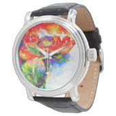 Elegante Aquarellmalerei mit rotem Blumen Armbanduhr (Schrägansicht)