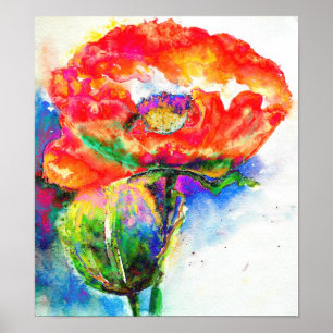 Elegante Aquarellmalerei mit rotem Blumen Poster