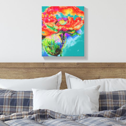 Elegante Aquarellmalerei mit roter Blüte aquamarin Leinwanddruck (Insitu (Schlafzimmer))