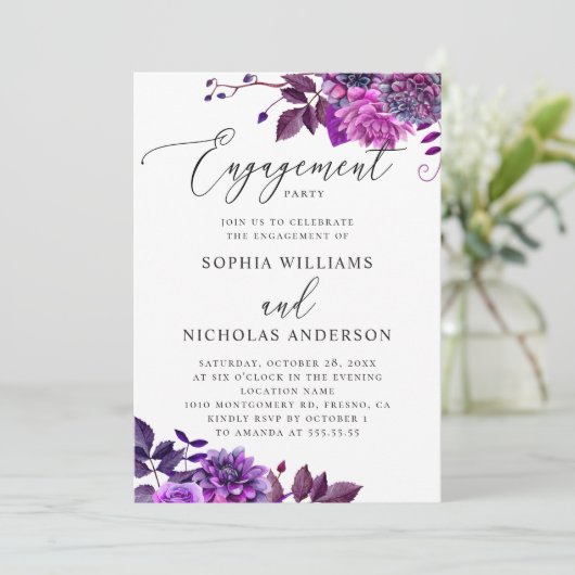 Elegante Aquarellparty mit lila Blüte Einladung (Stehend Vorderseite)