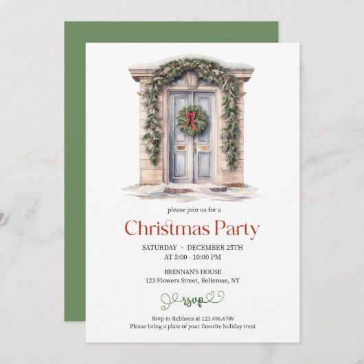 Elegante Aquarellsage und rote rustikale Tür Einladung (Vorne/Hinten)