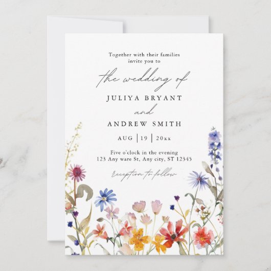 Elegante Aquarellschrift Wildblume Hochzeit Einladung (Vorderseite)