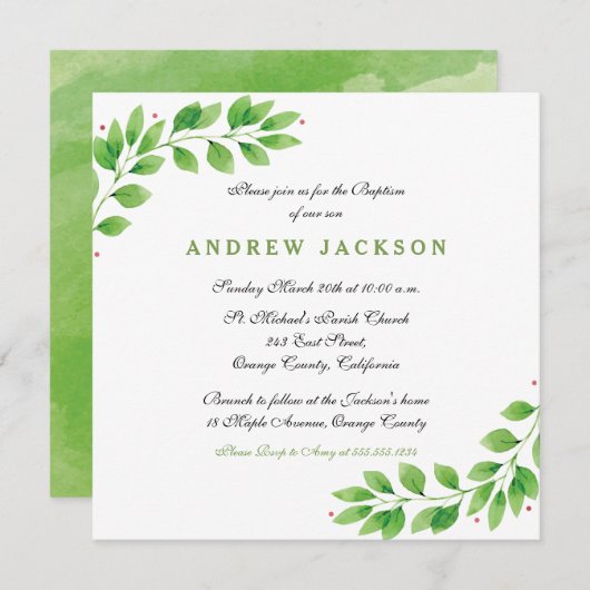 Elegante Aquarelltaufe/Christening Einladung (Vorne/Hinten)