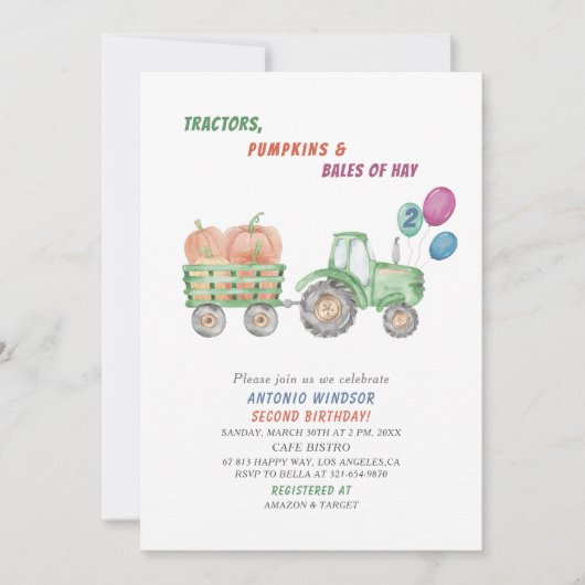 Elegante Aquarelltraktoren Pumpkins Kinderdusche Einladung (Vorderseite)