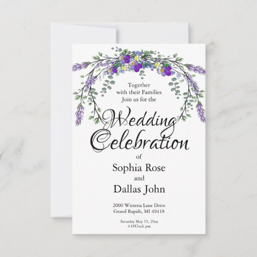 Elegante Aquarellvioletten und Lavendelhochzeit Einladung (Vorderseite)