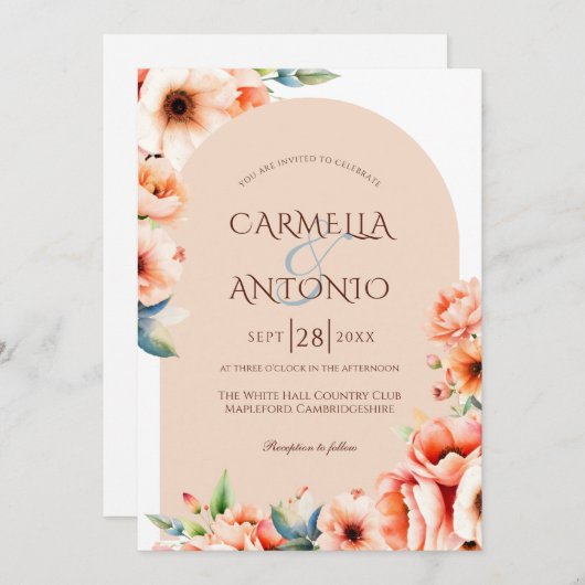 Elegante Arch Detail Peach Wedding Einladung (Vorne/Hinten)
