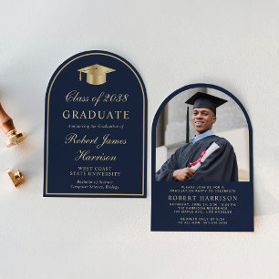 Elegante Arch-Foto Blau Gold Abschlussfeier Einladung