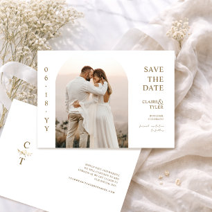 Elegante Arch-Foto-Hochzeit mit weißem und goldene Save The Date
