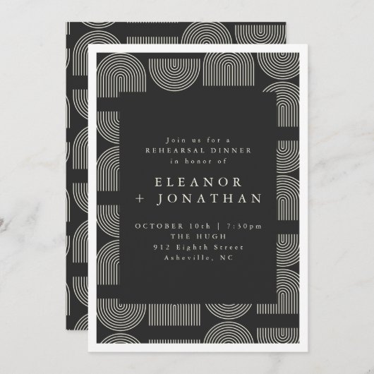 Elegante Arch Lines Schwarz-weiße Probe Abendessen Einladung (Vorne/Hinten)