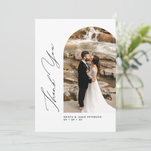 Elegante Arch & Script Foto Hochzeit Dankeschön Ka Dankeskarte (Stehend Vorderseite)