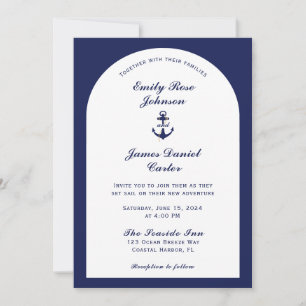 Elegante Arch Weiß & Marineblaue Nautische Hochzei Einladung