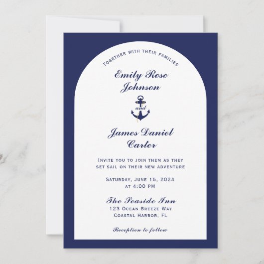 Elegante Arch White & Navy Blue Nautical Wedding Einladung (Vorderseite)