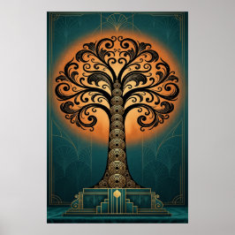 Elegante Art Deco-Baum-Silhouette Gold & Teal Post Poster