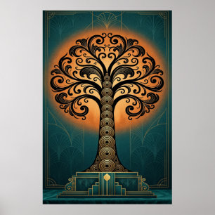 Elegante Art Deco-Baum-Silhouette Gold & Teal Post Poster