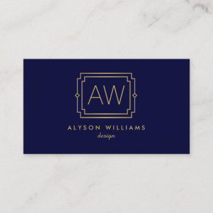 Elegante Art Deco Beruflich Monogram Navy/Gold Visitenkarte
