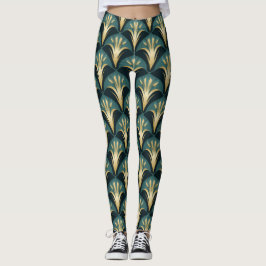 Elegante Art Deco Fan Muster in Gold und Aquamarin Leggings
