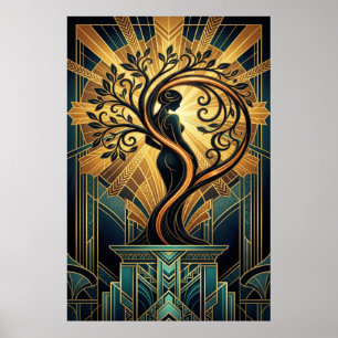 Elegante Art Deco Frau Baum Silhouette Schwarz Gol Poster