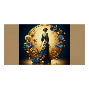 Elegante Art Deco-Frau in Gold und Blau Poster