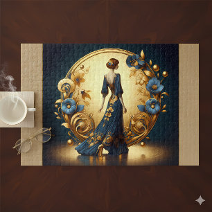 Elegante Art Deco Frau in Gold und Blau Puzzle