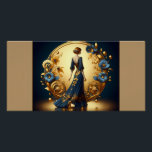 Elegante Art Deco Frauen in Gold und Blauer Metal  Poster<br><div class="desc">Diese atemberaubende Kunst-Deko-Abbildung erfasst die zeitlose Eleganz einer posierten Frau in einem fließend marineblauen Gewand, das mit aufwändigen goldenen Blumendekorationen geschmückt ist. Gerahmt von einem luxuriösen goldenen Bogen mit verzierten Dekorationsmustern und zarten Blume in Blau und Gold, strahlt die Komposition Eleganz und Vintagen Glamour aus. Die harmonische Mischung aus Farben...</div>
