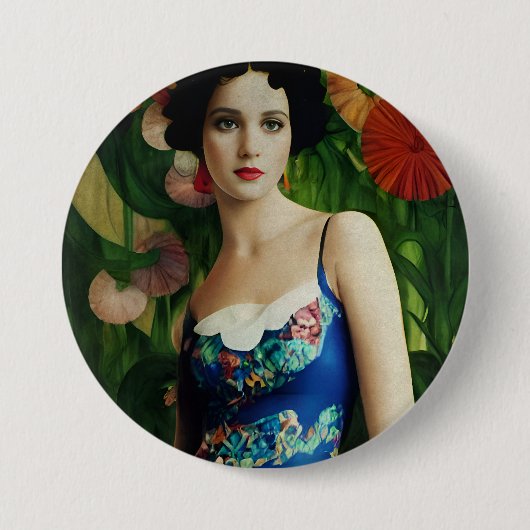 Elegante Art Deco Frauen mit großer Blume Kunst, D Button (Vorderseite)