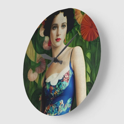 Elegante Art Deco Frauen mit großer Blume Kunst, D Große Wanduhr (Winkel)