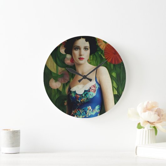 Elegante Art Deco Frauen mit großer Blume Kunst, D Große Wanduhr (Zuhause)