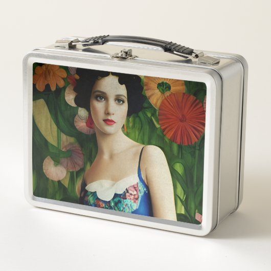 Elegante Art Deco Frauen mit großer Blume Kunst, D Metall Brotdose (Vorderseite)