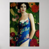 Elegante Art Deco Frauen mit großer Blume Kunst, D Poster (Vorne)