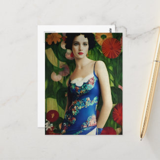 Elegante Art Deco Frauen mit großer Blume Kunst, D Postkarte