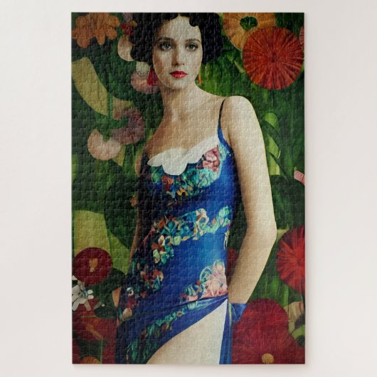 Elegante Art Deco Frauen mit großer Blume Kunst, D Puzzle (Vertikal)