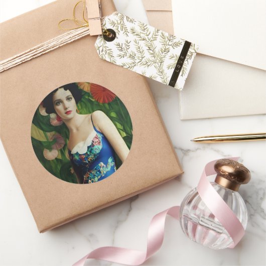 Elegante Art Deco Frauen mit großer Blume Kunst, D Runder Aufkleber (Schenken)