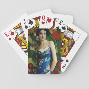 Elegante Art Deco Frauen mit großer Blume Kunst, D Spielkarten