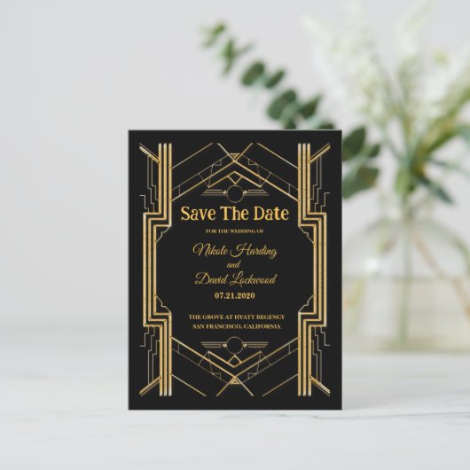 Elegante Art Deco Gatsby Save the Date Ankündigungspostkarte (Stehend Vorderseite)