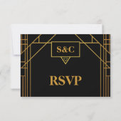 Elegante Art Deco Gold auf Black Wedding RSVP (Rückseite)