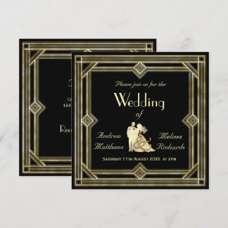 Elegante Art Deco Gold-Schwarze Hochzeit Einladung