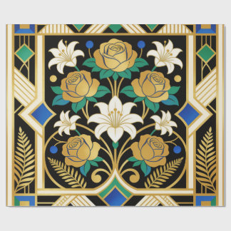 Elegante Art Deco Goldene Rosen & Lilien Geschenkpapier