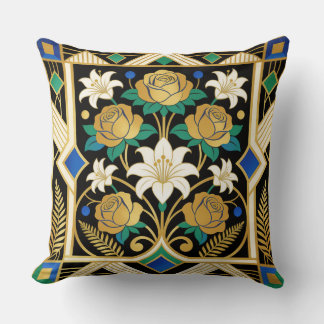 Elegante Art Deco Goldene Rosen & Lilien Schwarz Kissen