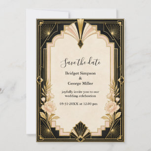 Elegante Art Deco-Hochzeit mit Pfingstrosengold Einladung