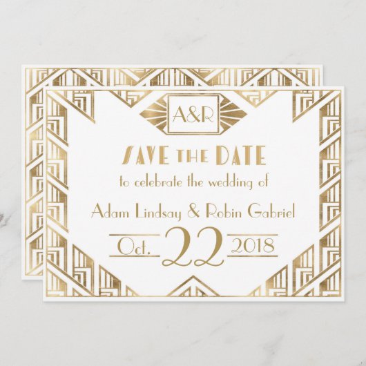 Elegante Art-Déco-Hochzeit Sichern Sie die Datumsk Einladung (Vorne/Hinten)