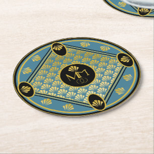 Elegante Art-Déco-Lüftermuster Monogramm Hochzeit Runder Pappuntersetzer
