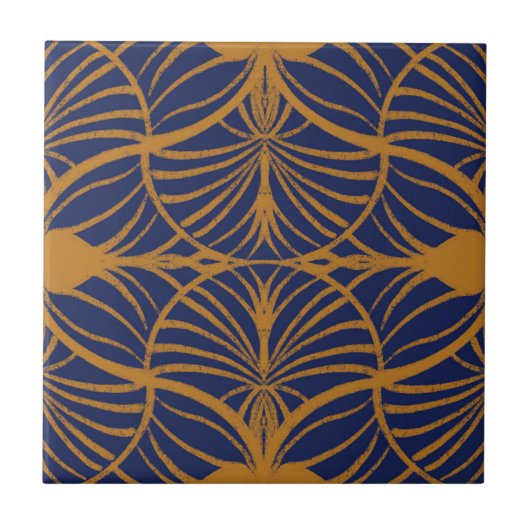 Elegante Art Deco Mustard & Cobalt Blue Scallops Fliese (Vorderseite)