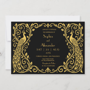Elegante Art Deco Pfau Gold Schwarz Hochzeit Einladung