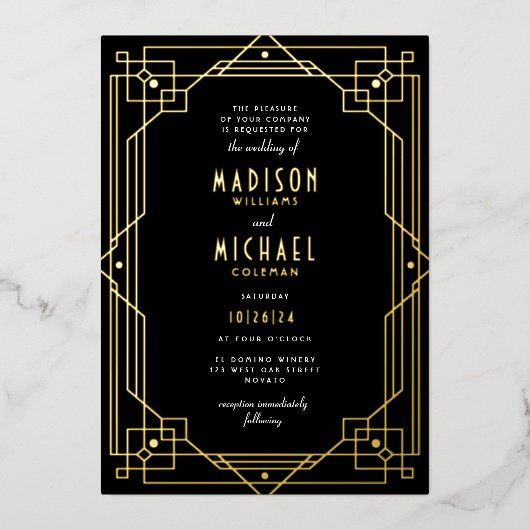 Elegante Art Deco Rahmen Hochzeitsstimmung Folieneinladung (Vorderseite)