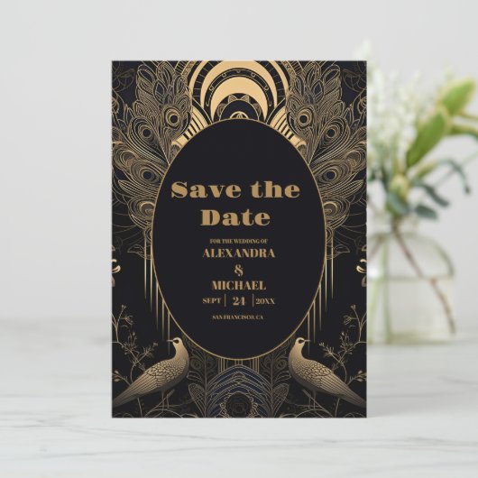 Elegante Art Deco Save The Date (Stehend Vorderseite)