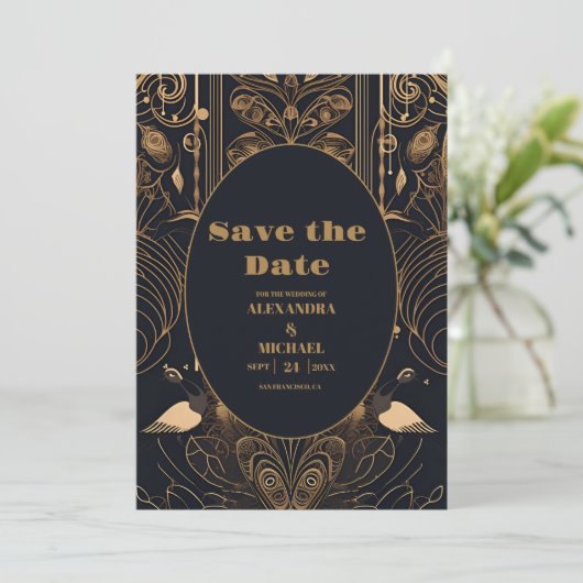 Elegante Art Deco Save The Date (Stehend Vorderseite)